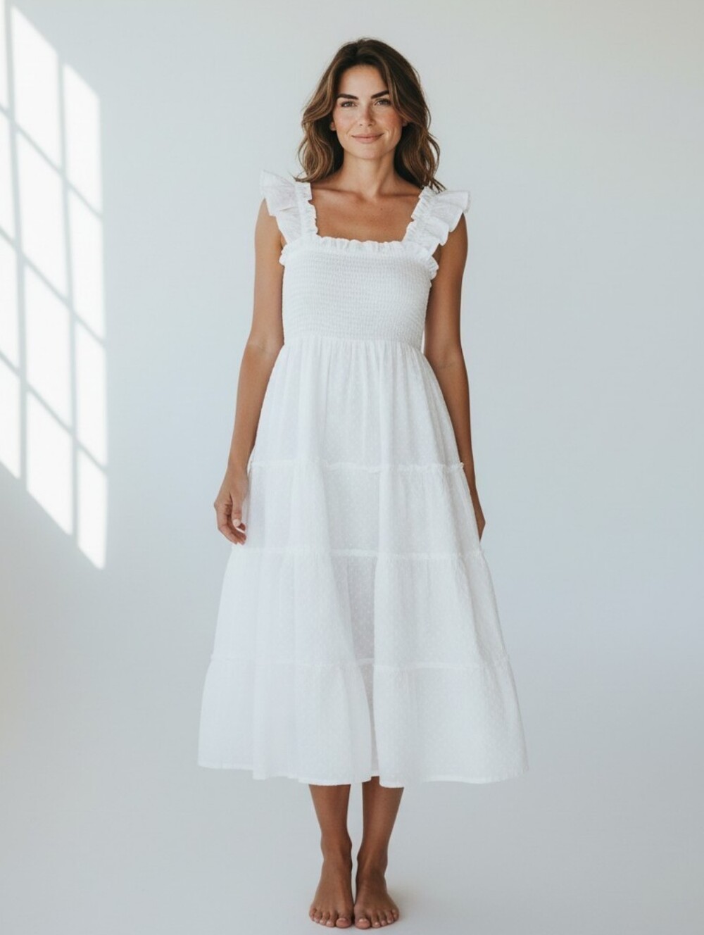 Hill House White Ruffle-strap Smocked Midi Dress